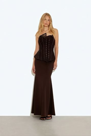 Kahverengi Bağcıklı Korse Detaylı Abiye Elbise